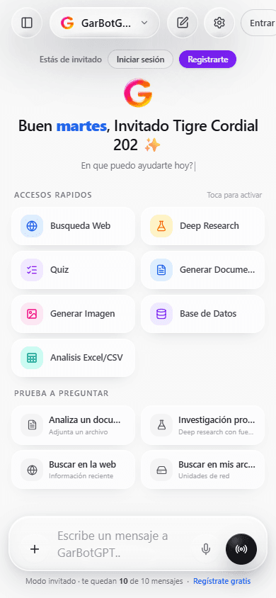 GarBotGPT en el móvil — herramientas y respuestas con fuentes