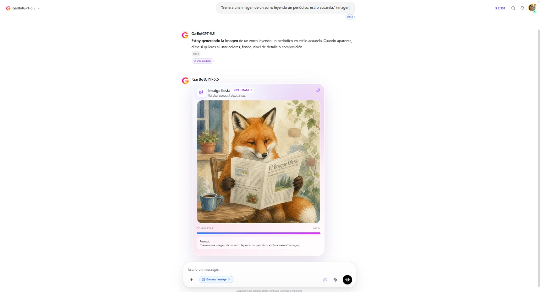 GarBotGPT generando una imagen en estilo acuarela dentro del chat