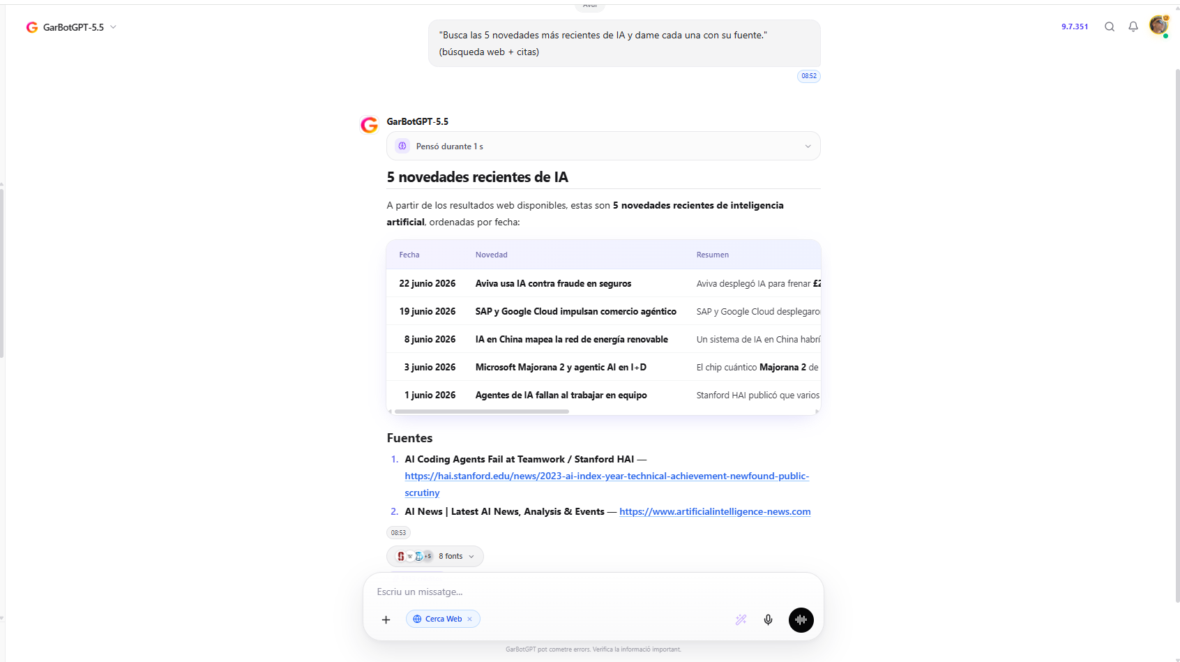GarBotGPT respondiendo con una tabla de novedades de IA y una lista de fuentes citadas
